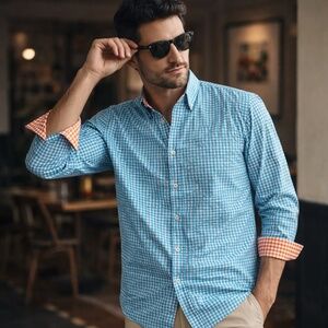 Modern Preppy Tailored Fit Gingham Button Down Blue Orange Shirt